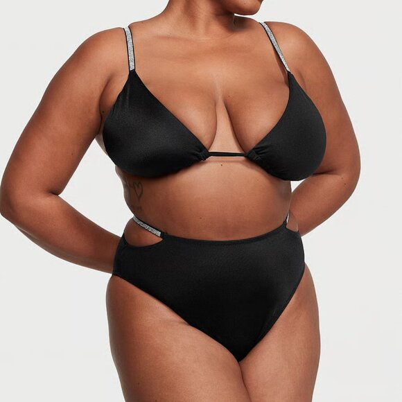 Victorias Secret Swim Bikini Bottom Black High Waist Shine Strap Cut Out Cheeky - Picture 2 of 3